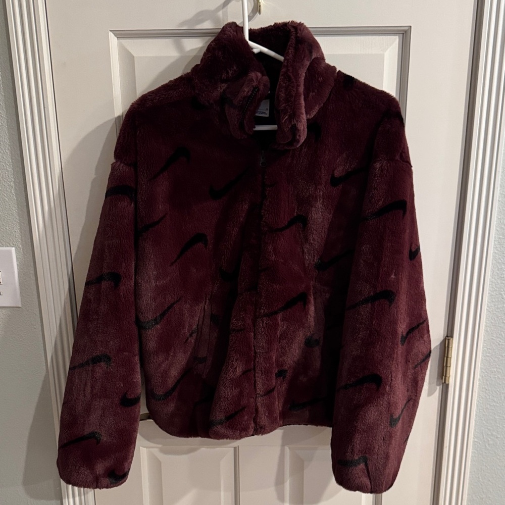 Nike purple maroon Faux Fur Jacket with Black Swoosh